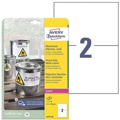 Avery-Zweckform L4717-20 Folie-etiketten 210 x 148 mm Polyester folie Wit 40 stuk(s) Permanent hechtend Laser (kleur), Laser (zwart/wit), Kopiëren