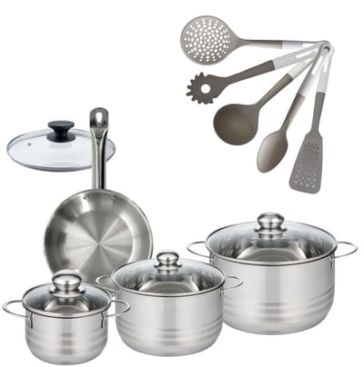 Fackelmann 9218150 Set Roestvrijstalen Koekenpan 20 cm Etherna & Roestvrijstalen Kookpannen 16/20/24 cm Zonder PFAS met 5 Keukengerei
