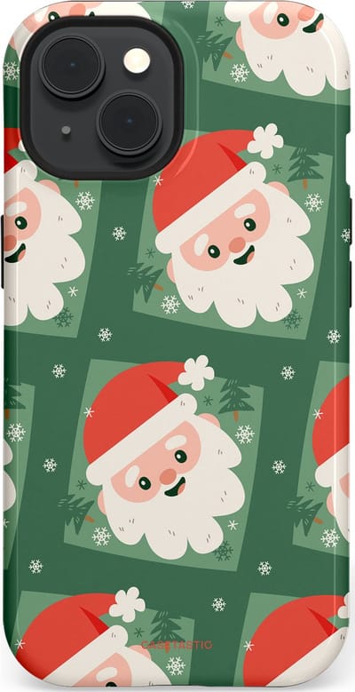 Casetastic hoesje geschikt voor Apple iPhone 15 - MagSafe - Dubbellaagse bescherming - Kerstmannen in het bos - Fashion Case - Donkergroen Wit Terracotta Crème