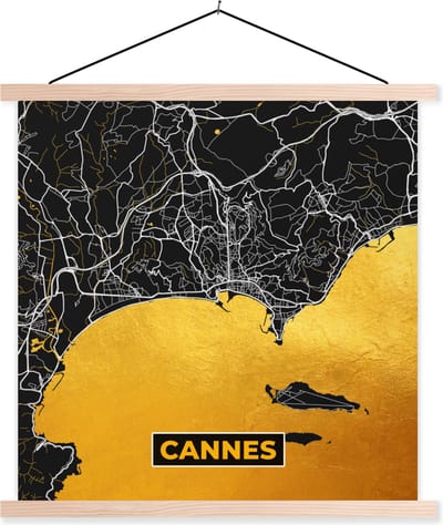 Posterhanger incl. Poster 40x40 cm - Schoolplaat - Frankrijk – Plattegrond – Stadskaart – Cannes - Kaart - Textielposter - Blanke latten - Stadskaart