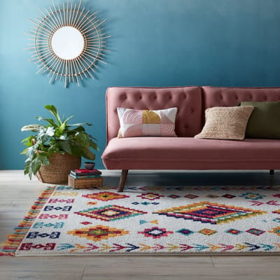 Flycarpets Kleurrijk Vloerkleed - Coyote - Laagpolig - Franjes - Creme - 160x230 cm