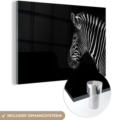 MuchoWow® Glasschilderij 150x100 cm - Schilderij acrylglas - Zebra - Wilde dieren - Zwart - Foto op glas - Schilderijen