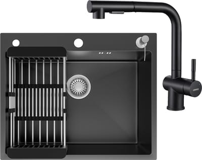 CECIPA max Spoelbak Keuken Antraciet 60x49CM - Met keukenkraan met uittrekbare uitloop - Inbouwspoelbak - Spoelbak Met Kraangat - Spoelbak Met Zeepdispenser - Verstelbaar Mandje