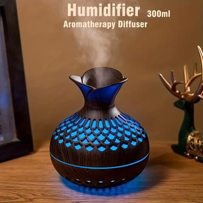 Humidificateur à brume fraîche avec vase en bois coloré de 300 ml, diffuseur d'huile d'aromathérapie, mini humidificateur d'air USB