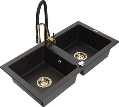 Mexen Mario granieten gootsteen met 2 kamers en Aster keukenkraan, zwart/zilveren metallic - 6504-73-73450-57-G