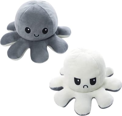 Hoogwaardige Octopus Knuffel / Emotie Knuffel / Mood Knuffel | Reversible / Omkeerbare Octopus | Bekend van TikTok | Wit-Grijs + Rood-Zwart - AWR