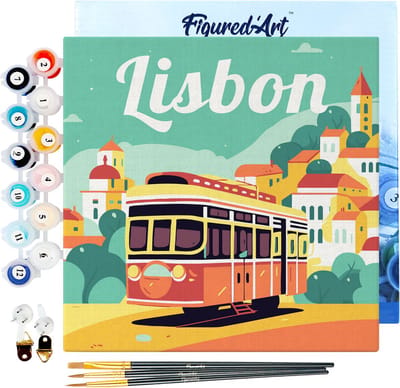 Figured'Art Mini Schilderen op Nummer Volwassenen 20x20cm met lijst Reisposter Lissabon - Klein Formaat Creatieve Hobby Kit DIY Art Nummer Compleet