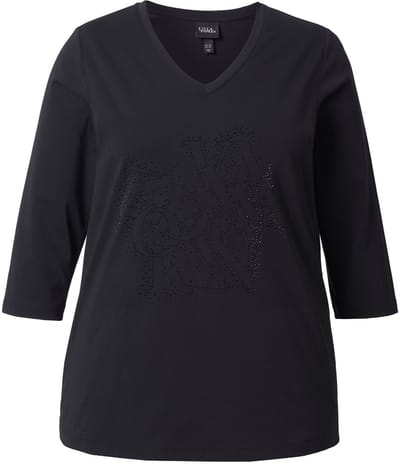 Ulla Popken - Dames - Shirt siersteentjes Classic V-hals 3/4-mouwen - Zwart - Maat 42+