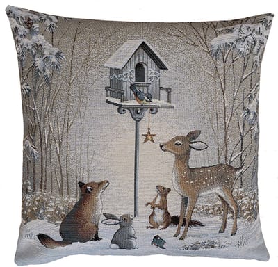 Kussenhoes - Kerst - Winter - Gobelinstof - Grijs met rode en grijze sneeuwsterren - Hertje - Vos - Eekhoorn - konijntje - Vogelhuisje - 45 x 45 cm