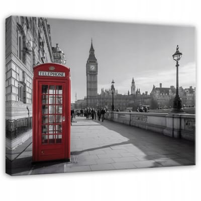 WALLARENA - Schilderij op canvas - 100x70 cm - Big Ben in zwart-wit - stad wanddecoratie woonkamer en slaapkamer