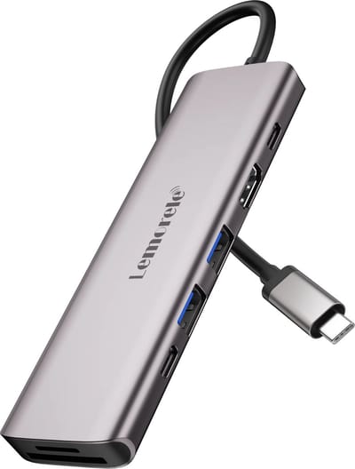 Lemorele TC45 – 7-in-1 USB-C Hub – HDMI 4K@60Hz – SD/TF Kaartlezer – 100W PD Opladen – USB 3.0 & Type-C Data – Docking Station voor Laptop & MacBook (Grijs)