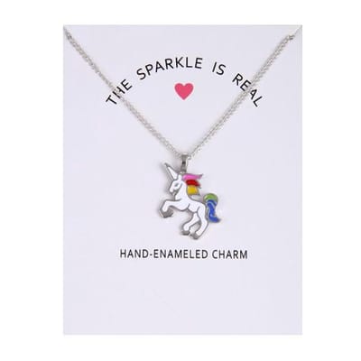 Fako Bijoux® - Ketting Op Kaart - Eenhoorn Regenboog Wit - Zilverkleurig