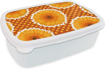 Broodtrommel Wit - Lunchbox - Brooddoos - Bloemen - Stippen - Vintage - Patroon - 18x12x6 cm - Volwassenen