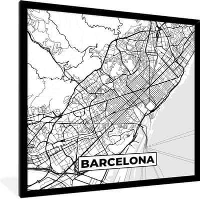 Fotolijst incl. Poster Zwart Wit- Kaart - Barcelona - Stadskaart - Plattegrond - Zwart Wit - 40x40 cm - Posterlijst