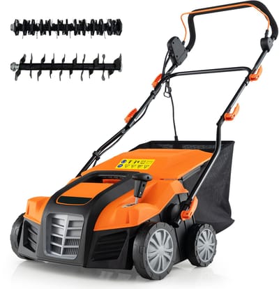 COSTWAY Elektrische verticuteermachine en gazonventilator, 41 cm, 15 A 2-in-1 verticuteermachine met 3 standen hoogteverstelling en 5 niveaus werkdiepte, inklapbare GEH-gazonventilator met 55 l