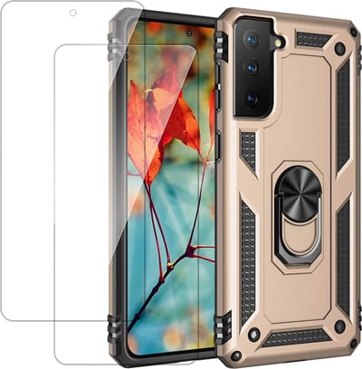 Casemania Hoesje Geschikt voor Samsung Galaxy S22 Goud & 2X Glazen Screenprotector - Anti-Shock Hybrid Armor Back Cover - Hoes met Kickstand Ring