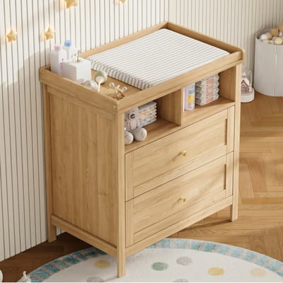 Luiercommode - Kaptafel - Opslagkastje - Commode Kast - Ladekast - Met Afneembare Verschoonunit - Met lades - Met open vakken - 82x50x90 cm - Natuurlijke houtkleur
