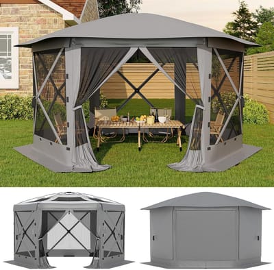Luxe Pop-up Gazebo 3.5m - 6-Zijdig Zeshoekig - Met Muskietennet & 6 Zijwanden - Cabriodak - Partytent voor Tuin en Camping - Grijs