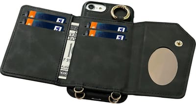 CaseMania Backcase hoesje geschikt voor Apple iPhone SE (2022)/SE (2020)/8/7 - Effen Zwart - Kunstleer - 2in1 Hoesje met Koord - Afneembare Wallet - Spiegeltje - MagSafe Compatible