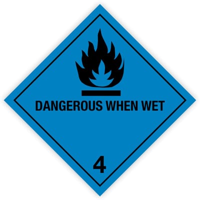 Gevaarsetiketten Klasse 4.3 - Stickers IMO 4.3 Dangerous when wet - Stoffen die in contact met water brandbare gassen ontwikkelen - Formaat 25 x 25 cm