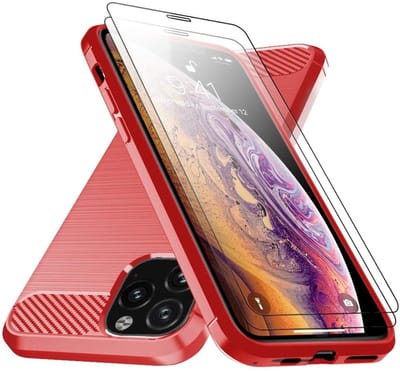 Hoesje Geschikt voor iPhone 12 / 12 Pro Hoesje Geborsteld / Hoesje Geschikt voor iPhone 12 pro brushed Tpu backcover Rood & 2x tempered glass