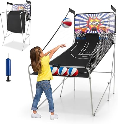 COSTWAY 8-in-1 basketbalautomaat, elektrische basketbalstandaard, inklapbaar, schietmachine met 4 kleurrijke ballen, 8 speelmodi, luchtpomp voor 2 spelers, Arcade basketbalspel voor kinderen en
