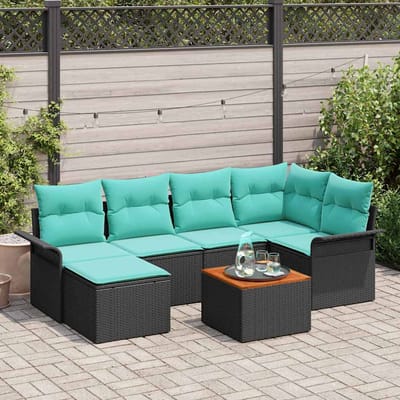 vidaXL - Tuinbank - Set - 7 - st - Zwart - en - Turkoois - poly - rattan