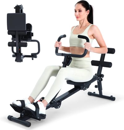 Roeitrainer voor thuis - Fitnessapparaat - Full body training - 12 weerstandsniveaus - 137x40x67 cm - Geel