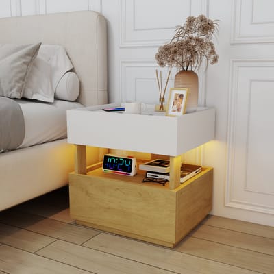 Nachtkastje met Draadloos Opladen - LED Verlichting - 2 Lades - Wit en Houtlook - Moderne Bijzettafel voor Slaapkamer - 50x40x50 cm