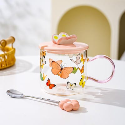 Schattige Vlinder Hoge Borosilicaat Glas Kop Cadeau Hoge Waarde Roze Meisjes Hart Waterbeker Mok met Deksel Lepel 501-600ml