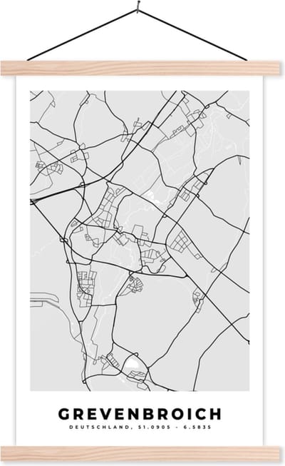 Posterhanger incl. Poster 40x60 cm - Schoolplaat - Plattegrond - Kaart - Grevenbroich- Duitsland - Stadskaart - Textielposter - Blanke latten - Stadskaart