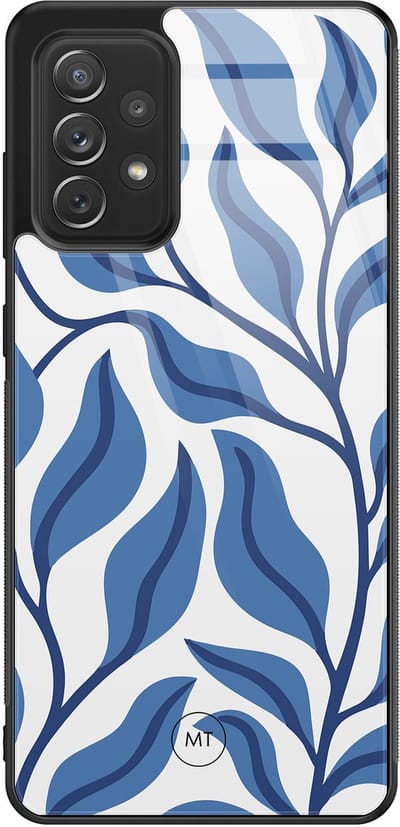 Hoesje geschikt voor Samsung Galaxy A52 5G - Blue leaves - Hard Case Zwart Back Cover - Print - Blauw - Mooie Telefoonhoesjes