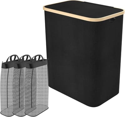 Wasmand Met Deksel - Kleding Opberger - Sorteren Wasgoed - Drie Compartimenten - 56.5 x 37 x 67.5 cm - Zwart