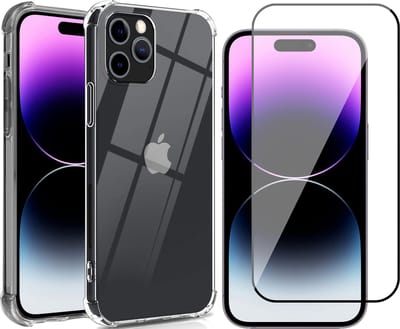 Hoesje geschikt voor iPhone 14 Pro - Anti Shock Proof Siliconen Back Cover Case Hoes Transparant - Full Tempered Glass Screenprotector