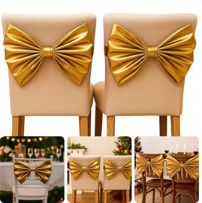 Cheqo® Kerst Stoelstrik - Stoelstrik Goud - Set Van 2 - Stoeldecoratie Kerst - Gouden Strik - Kerstdecoratie Stoel - Feestelijke Stoelstrik - Kerstversiering Stoel - Decoratieve Strik - Stoelstrik Set - Kerst Strik