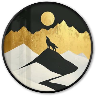 Poster in lijst Rond - Fotolijst 60x60 cm - Posters - Wolf - Bergen - Maan - Zwart - Ronde posterlijst zwart - Decoratie - Wanddecoratie woonkamer - Muurdecoratie slaapkamer