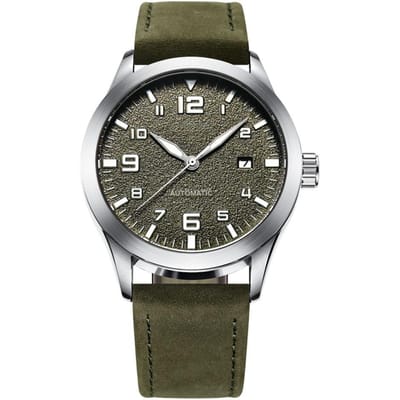 OCHSTIN Montre-bracelet pour homme en cuir véritable Montre mécanique automatique Montre calendrier Vert Argent