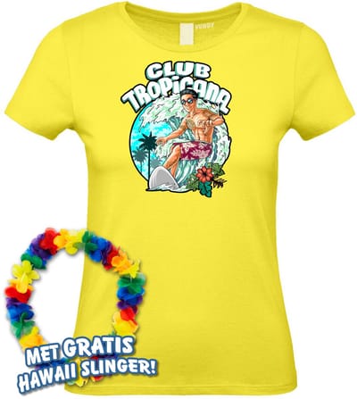 Dames t-shirt Surfing Time | Toppers in Concert 2024 | Club Tropicana | Hawaii Shirt | Ibiza Kleding | Lichtgeel Dames | maat XS