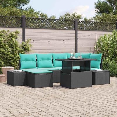 vidaXL - Tuinbank - Set - 7 - st - Zwart - en - Blauw - poly - rattan