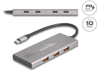 Delock 7 Port USB Hub 10 Gbps with 4 x USB Type-C™ female and 3 x USB Type-A female with PD 80 W