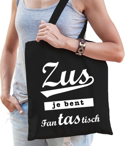 Katoenen cadeau tasje - zus je bent fantastisch - zwart - shopper - familie