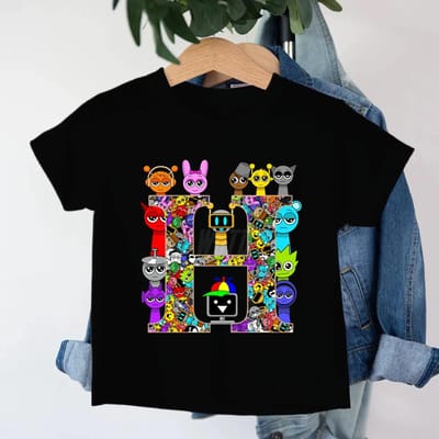 T-shirt à manches courtes en coton imprimé Sprunki Lettres pour garçon et fille Y2k Vêtements pour enfants 160 gray