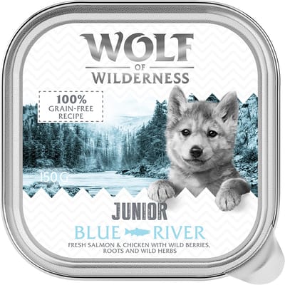 24x 150g Wolf of Wilderness Junior Blue River - Kip & Zalm graanvrij natvoer voor honden
