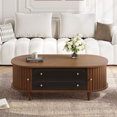 MODFU Salontafel - Met 2 Lades En 2 Roldeuren - Retro - Voor Woonkamer - Spaanplaat - Walnootkleur En Zwart - 100 X 50 X 36 Cm