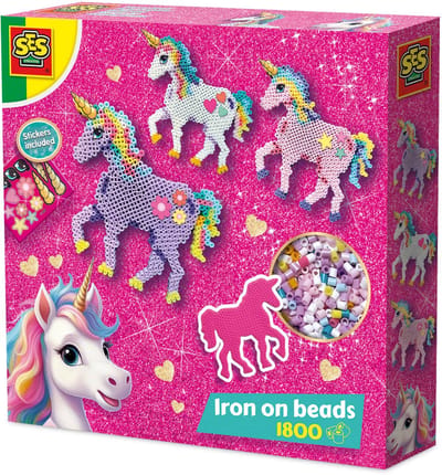 SES Creative - Unicorn - Strijkkralen - Knutselen Meisjes - Strijkkralen in Verschillende Kleuren met Glitter Stickers - Vanaf 5 Jaar