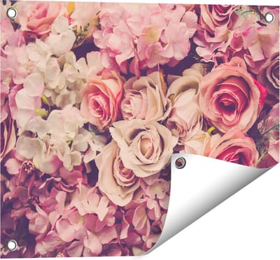 Gards Tuinposter Roze Rozen Achtergrond - Retro - Bloemen - 50x40 cm - Tuindoek - Tuindecoratie - Wanddecoratie buiten - Tuinschilderij