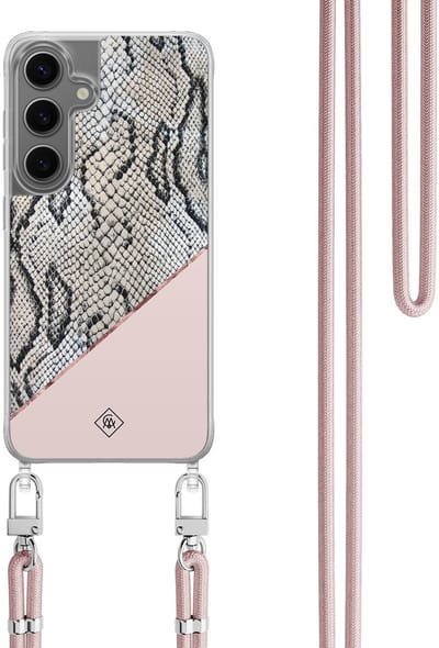 Casimoda® hoesje met koord - Geschikt voor Samsung S24 Plus - Snake Print - Afneembaar koord - TPU/polycarbonaat - Roze