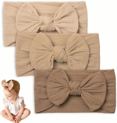 Set van 3 Schattige Baby Meisjes Elastische Haarbanden voor Pasgeborenen en Peuters - Beige, Lichtbruin, Donkerbruin, Comfortabel en Ademend