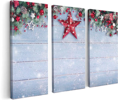 Artaza Canvas Schilderij Drieluik Kerst Achtergrond Met Sneeuw Op Tafel - 120x80 cm - Wanddecoratie Woonkamer - Schilderijen - Muurdecoratie