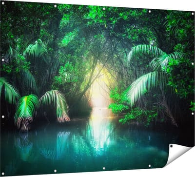 Gards Tuinposter Tropische Jungle met een Turquoise Meer - 160x120 cm - Tuindoek - Tuindecoratie - Wanddecoratie buiten - Tuinschilderij